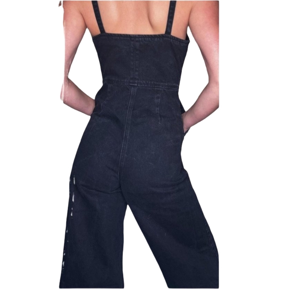 Topshop MOTO Black Denim Wide Leg Jumpsuit Overalls Size 4 - Picture 3 of 12